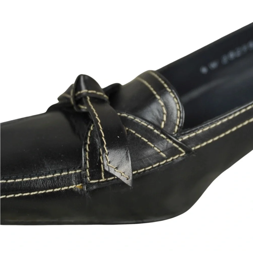 Stuart Weitzman Vtg Black Leather Square Toe Heels Size 9N Bow Tie Butler